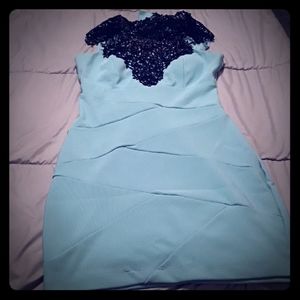 Aqua evening dress with black lace